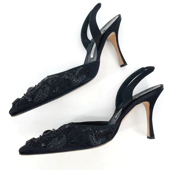 Manolo Blahnik Retro Black Satin Ornate Beaded Pointed Toe Slingback Heel IT 40 - Picture 5 of 13